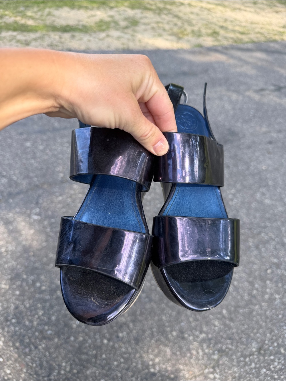 Guess Iridescent Black Patent Double-Band Slide Sandals with Blue Insole